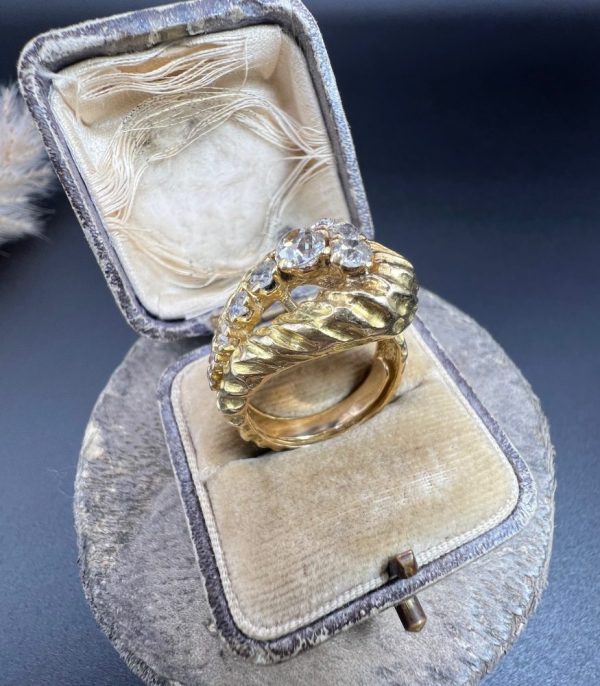 Vintage French 1950s Hammered 18ct Yellow Gold Diamond Buckle Ring, 18ct yellow gold buckle ring with unique hammered finish adorned with diamonds