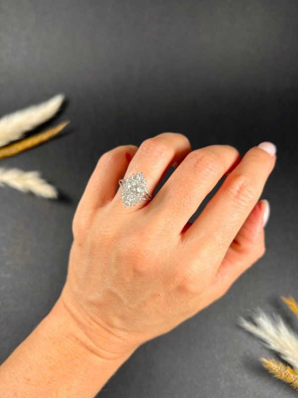 Vintage French 2ct Diamond Marquise Navette Cluster Ring, marquise navette-shaped body set with 2 carats of brilliant cut diamonds in 18ct white gold, with fancy split-shoulders and reeded band. Circa 1980s