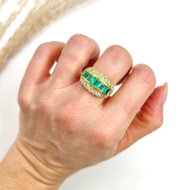 Vintage 1940s Emerald Five Stone Cluster Dress Ring in 18ct Yellow Gold, Five square step-cut emeralds framed top and bottom by a row of sparkling diamonds