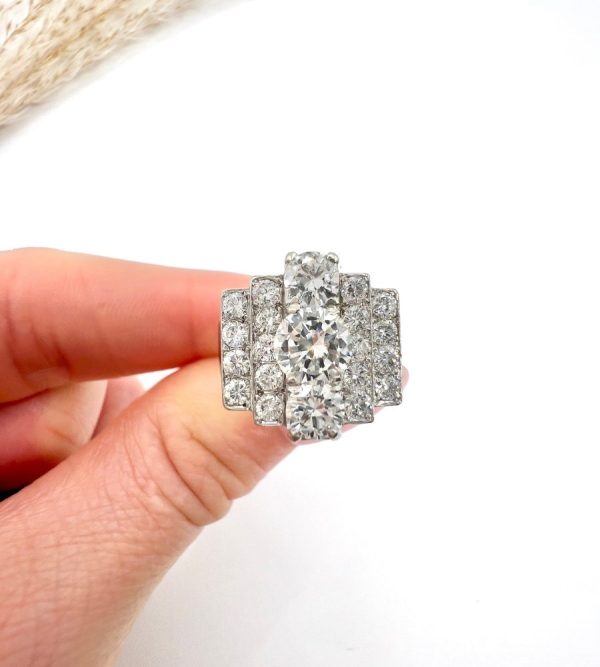 Vintage French 3.5ct Diamond Tiered Tank Cocktail Ring in 18ct White Gold and Platinum, Circa 1960s