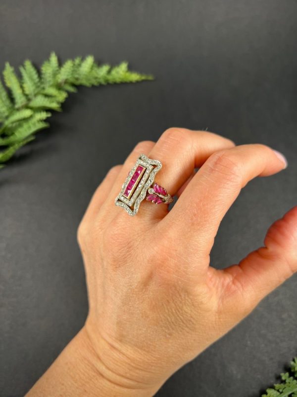 Edwardian Antique Ruby and Diamond Rectangular Cluster Tablet Plaque Ring, Central row of calibre rubies surrounded by rectangular halo of diamonds in 18ct gold