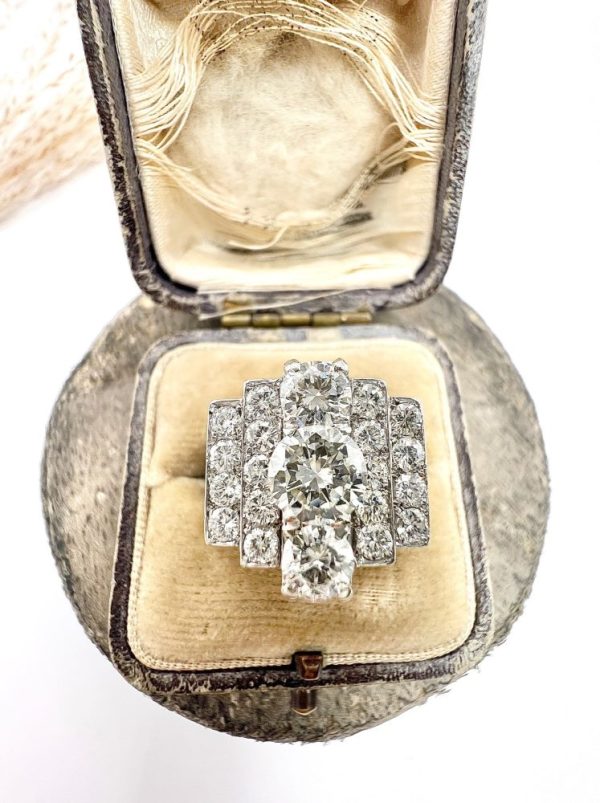 Vintage French 3.5ct Diamond Tiered Tank Cocktail Ring in 18ct White Gold and Platinum, Circa 1960s