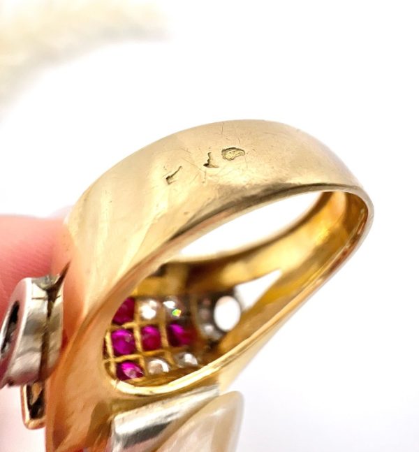 Late Art Deco French Ruby and Diamond Cross Tank Cocktail Ring, geometric statement ruby cross surrounded by sparkling diamonds with stepped shoulders in platinum to chunky 18ct yellow gold mount and band. Circa 1930s