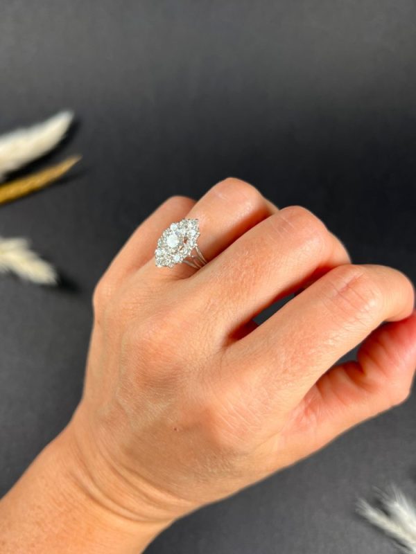 Vintage French 2ct Diamond Marquise Navette Cluster Ring, marquise navette-shaped body set with 2 carats of brilliant cut diamonds in 18ct white gold, with fancy split-shoulders and reeded band. Circa 1980s