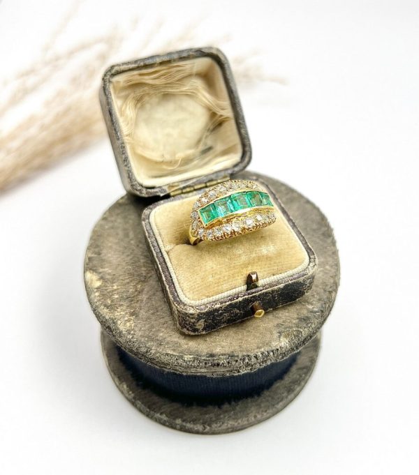 Vintage 1940s Emerald Five Stone Cluster Dress Ring in 18ct Yellow Gold, Five square step-cut emeralds framed top and bottom by a row of sparkling diamonds