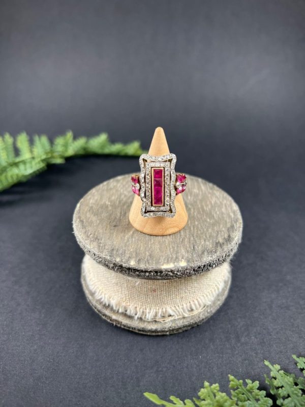Edwardian Antique Ruby and Diamond Rectangular Cluster Tablet Plaque Ring, Central row of calibre rubies surrounded by rectangular halo of diamonds in 18ct gold