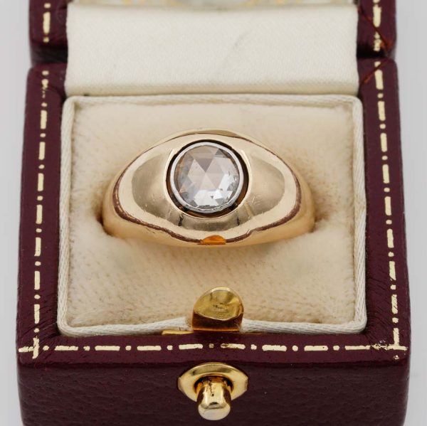 Victorian Antique 1.20ct Dutch Rose Cut Diamond Solitaire Signet Gypsy Ring in substantial 18ct yellow gold mount. Circa 1890
