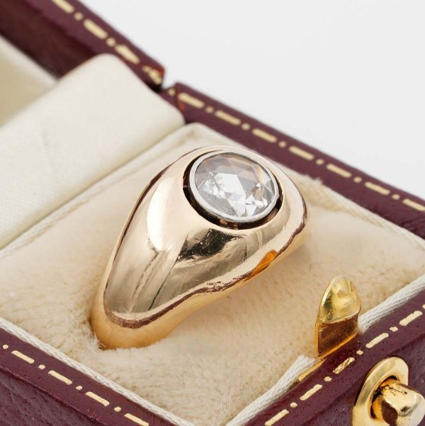 Victorian Antique 1.20ct Dutch Rose Cut Diamond Solitaire Signet Gypsy Ring in substantial 18ct yellow gold mount. Circa 1890