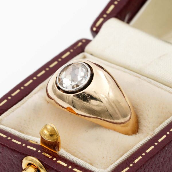 Victorian Antique 1.20ct Dutch Rose Cut Diamond Solitaire Signet Gypsy Ring in substantial 18ct yellow gold mount. Circa 1890