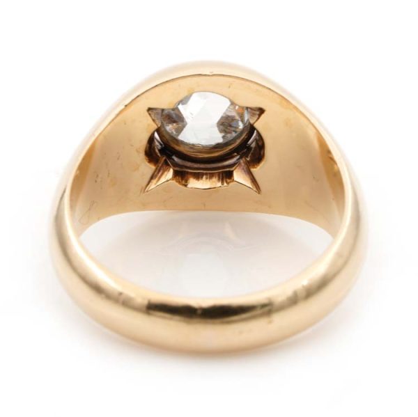 Victorian Antique 1.20ct Dutch Rose Cut Diamond Solitaire Signet Gypsy Ring in substantial 18ct yellow gold mount. Circa 1890