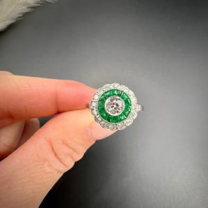 Vintage Emerald and diamond target ring three rows platinum Art Deco style