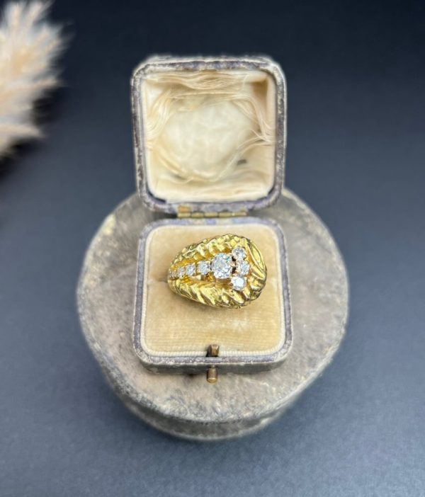 Vintage French 1950s Hammered 18ct Yellow Gold Diamond Buckle Ring, 18ct yellow gold buckle ring with unique hammered finish adorned with diamonds