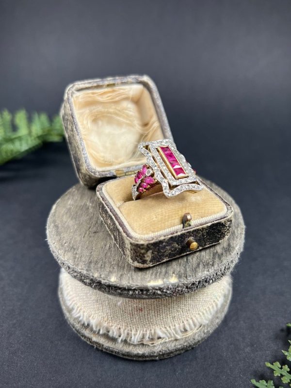 Edwardian Antique Ruby and Diamond Rectangular Cluster Tablet Plaque Ring, Central row of calibre rubies surrounded by rectangular halo of diamonds in 18ct gold