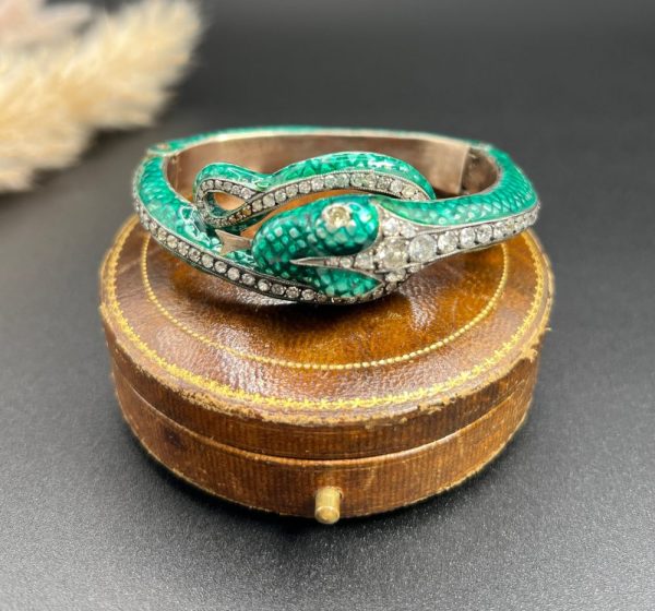 Vintage Green Enamel and 6ct Diamond Snake Bangle Bracelet, Vibrant green enamel and 6 carats of diamonds in silver upon gold Circa 1980s