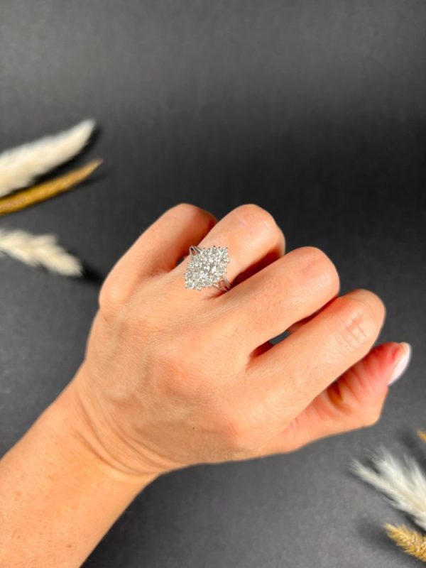 Vintage French 2ct Diamond Marquise Navette Cluster Ring, marquise navette-shaped body set with 2 carats of brilliant cut diamonds in 18ct white gold, with fancy split-shoulders and reeded band. Circa 1980s