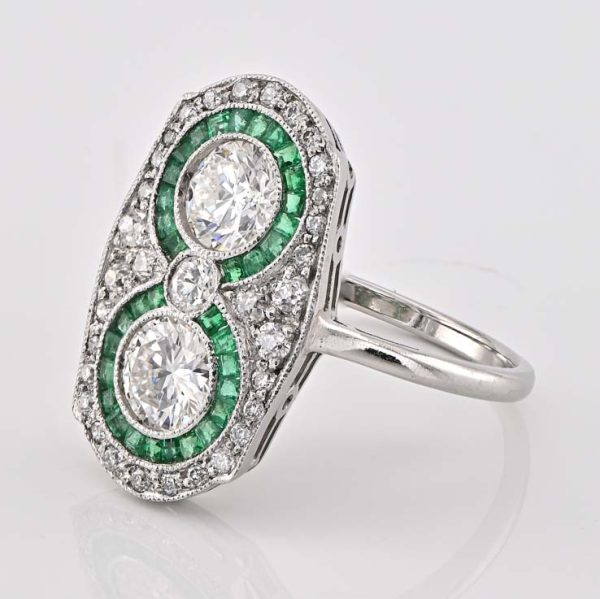 Edwardian Antique 2ct Old Cut Diamond Two Stone and Emerald Cluster Plaque Panel Tablet Ring in Platinum