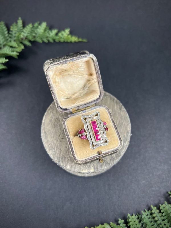 Edwardian Antique Ruby and Diamond Rectangular Cluster Tablet Plaque Ring, Central row of calibre rubies surrounded by rectangular halo of diamonds in 18ct gold