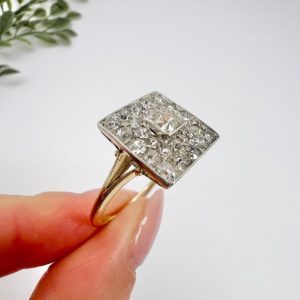 Edwardian Antique 2ct Old Cut Diamond Square Cluster Ring, square-shaped ring set with 2 carats of old-cut diamonds in platinum on 18ct yellow gold band with split shoulders. Circa 1910