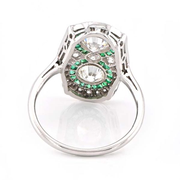 Edwardian Antique 2ct Old Cut Diamond Two Stone and Emerald Cluster Plaque Panel Tablet Ring in Platinum, 2cts old European-cut diamonds with emerald halo borders on old-cut diamond studded mount