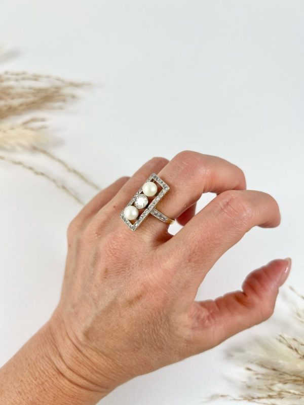 Edwardian Antique Pearl and Old Cut Diamond Three Stone Trilogy Plaque Tablet Ring