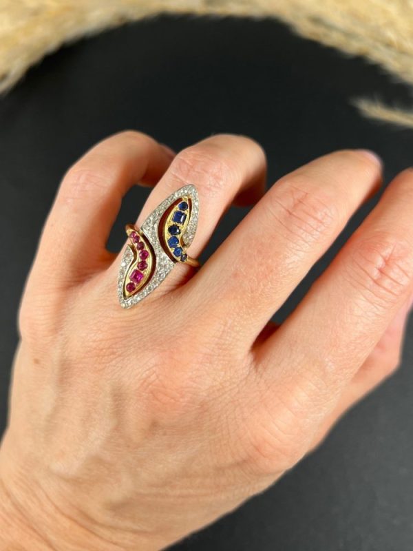 Vintage Ruby Sapphire Diamond Double Head Snake Navette Cluster Ring, marquise shaped diamond cluster ring with ruby and sapphire snake heads in 14ct gold. Circa 1950s