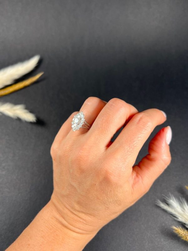 Vintage French 2ct Diamond Marquise Navette Cluster Ring, marquise navette-shaped body set with 2 carats of brilliant cut diamonds in 18ct white gold, with fancy split-shoulders and reeded band. Circa 1980s