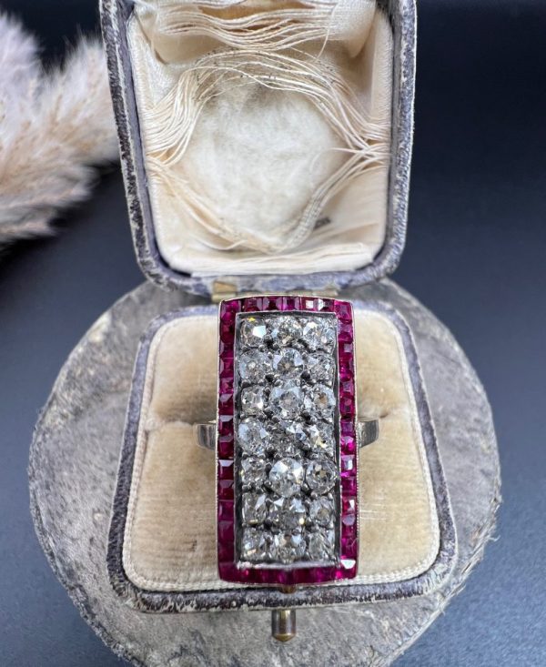 Vintage Antique Art Deco 3ct Old Cut Diamond and Ruby Cluster Tablet Plaque Ring in Platinum and 18ct Yellow Gold, Circa 1920s