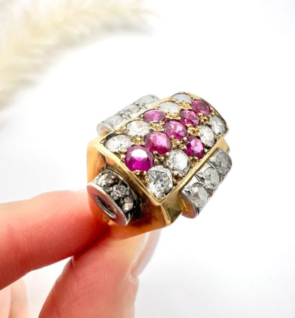 Late Art Deco French Ruby and Diamond Cross Tank Cocktail Ring, geometric statement ruby cross surrounded by sparkling diamonds with stepped shoulders in platinum to chunky 18ct yellow gold mount and band. Circa 1930s