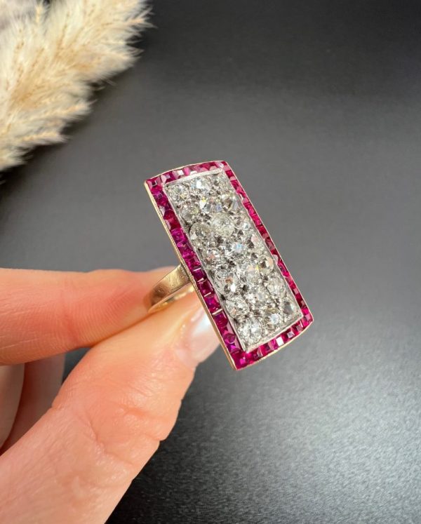 Vintage Antique Art Deco 3ct Old Cut Diamond and Ruby Cluster Tablet Plaque Ring in Platinum and 18ct Yellow Gold, Circa 1920s