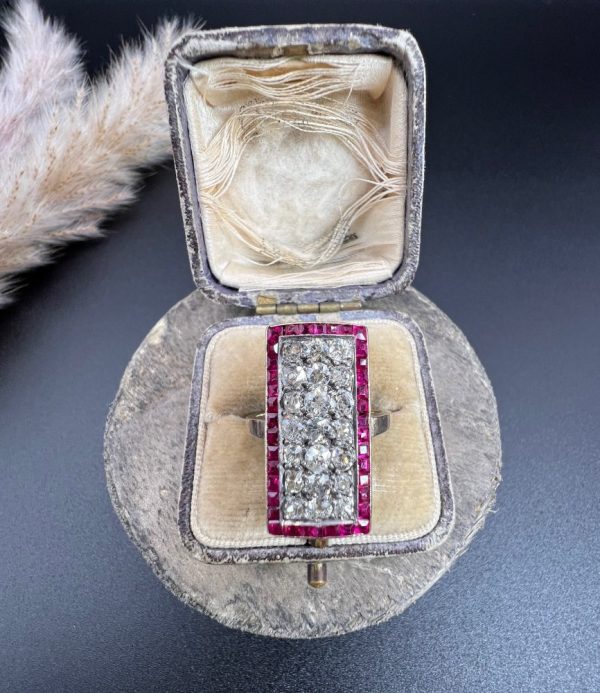Vintage Antique Art Deco 3ct Old Cut Diamond and Ruby Cluster Tablet Plaque Ring in Platinum and 18ct Yellow Gold, Circa 1920s