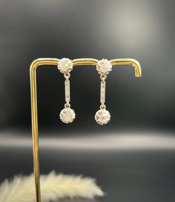 Antique Art Deco 1.6ct Old Cut Diamond Dormeuse Drop Earrings, elegant long baguette-cut diamond stems with old European-cut diamonds top and bottom in platinum to 18ct yellow gold