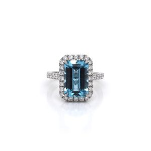 Aquamarine and diamond cluster ring in platinum.