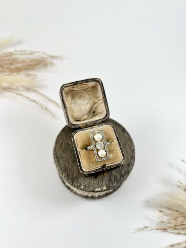 Edwardian Antique Pearl and Old Cut Diamond Three Stone Trilogy Plaque Tablet Ring