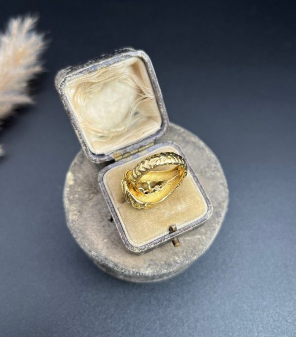 Vintage French 1950s Hammered 18ct Yellow Gold Diamond Buckle Ring, 18ct yellow gold buckle ring with unique hammered finish adorned with diamonds