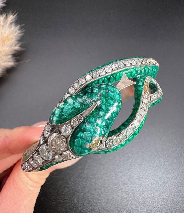 Vintage Green Enamel and 6ct Diamond Snake Bangle Bracelet, Vibrant green enamel and 6 carats of diamonds in silver upon gold Circa 1980s