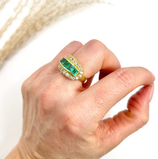 Vintage 1940s Emerald Five Stone Cluster Dress Ring in 18ct Yellow Gold, Five square step-cut emeralds framed top and bottom by a row of sparkling diamonds