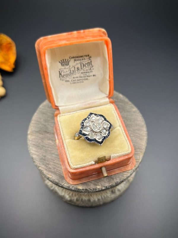 Vintage 1940s Old Cut Diamond and Calibre Sapphire Flower Cluster Engagement Ring in Platinum and 18ct Yellow Gold