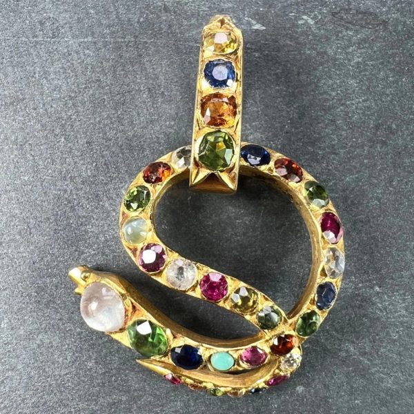 Multi Gemstone Set 18ct Yellow Gold Snake Serpent Pendant with moonstone, turquoise, sapphire, ruby, diamond, citrine, garnet, chrysoberyl and rock crystal