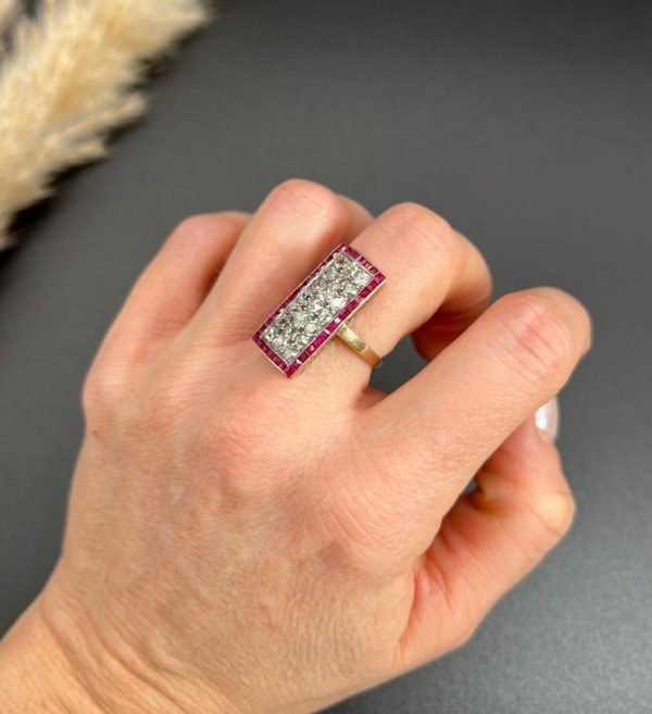 Vintage Antique Art Deco 3ct Old Cut Diamond and Ruby Cluster Tablet Plaque Ring in Platinum and 18ct Yellow Gold, Circa 1920s