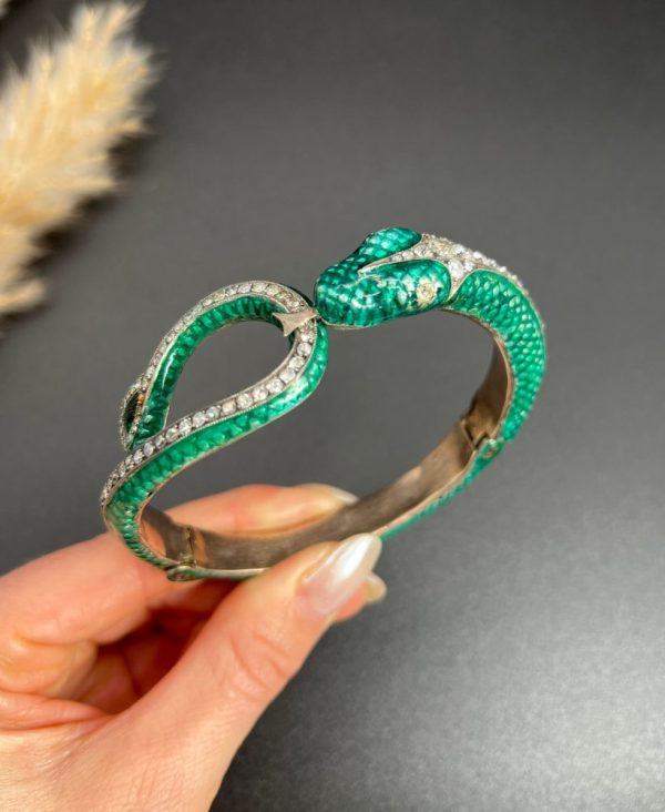Vintage Green Enamel and 6ct Diamond Snake Bangle Bracelet, Vibrant green enamel and 6 carats of diamonds in silver upon gold Circa 1980s