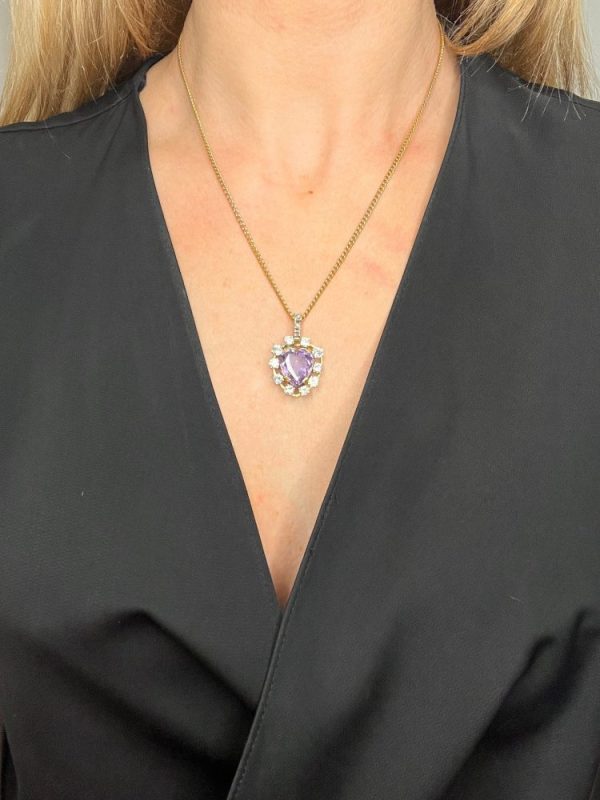 Antique Art Deco Heart Amethyst and Diamond Cluster Pendant