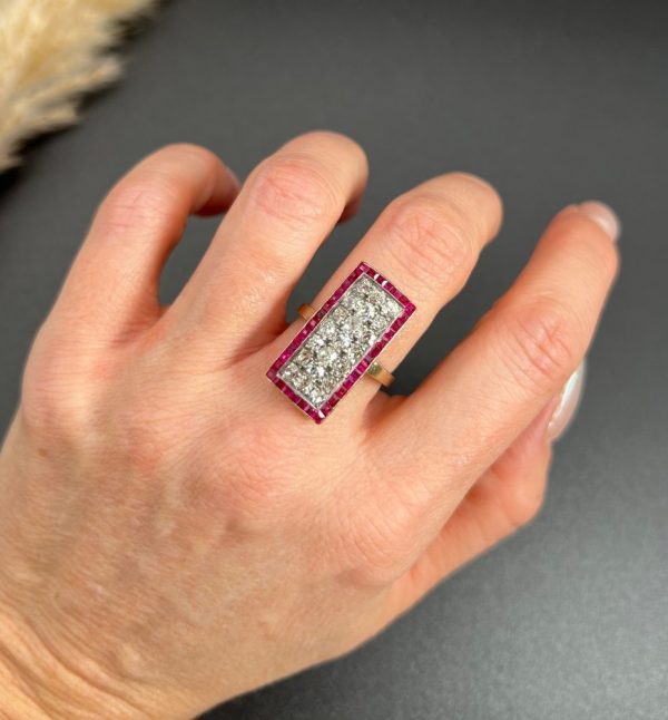 Vintage Antique Art Deco 3ct Old Cut Diamond and Ruby Cluster Tablet Plaque Ring in Platinum and 18ct Yellow Gold, Circa 1920s