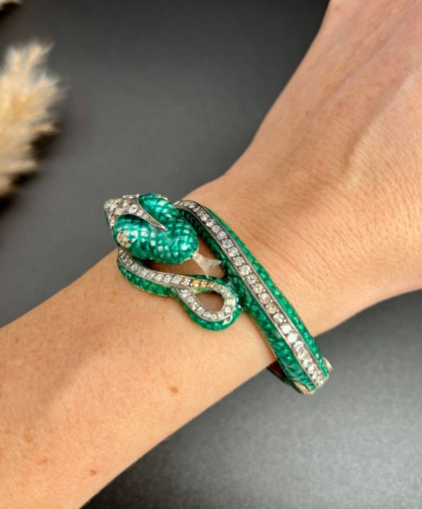 Vintage Green Enamel and 6ct Diamond Snake Bangle Bracelet, Vibrant green enamel and 6 carats of diamonds in silver upon gold Circa 1980s
