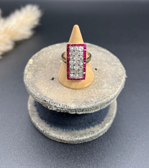 Vintage Antique Art Deco 3ct Old Cut Diamond and Ruby Cluster Tablet Plaque Ring in Platinum and 18ct Yellow Gold, Circa 1920s