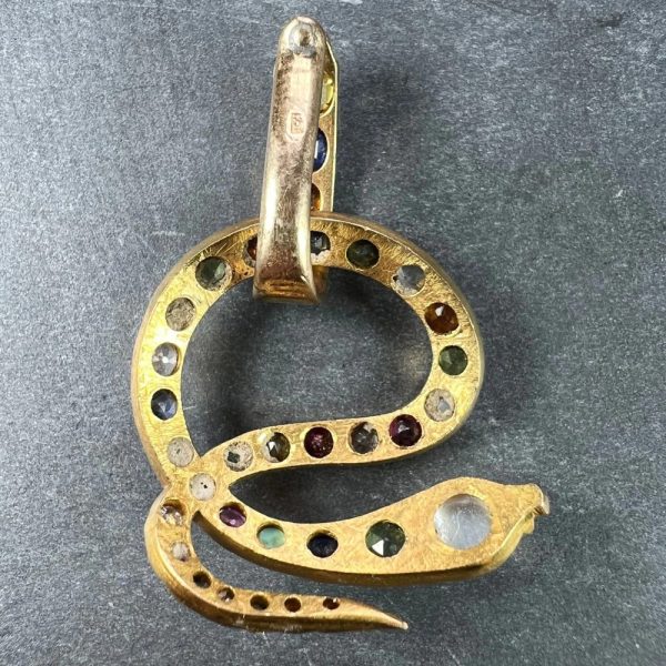 Multi Gemstone Set 18ct Yellow Gold Snake Serpent Pendant with moonstone, turquoise, sapphire, ruby, diamond, citrine, garnet, chrysoberyl and rock crystal