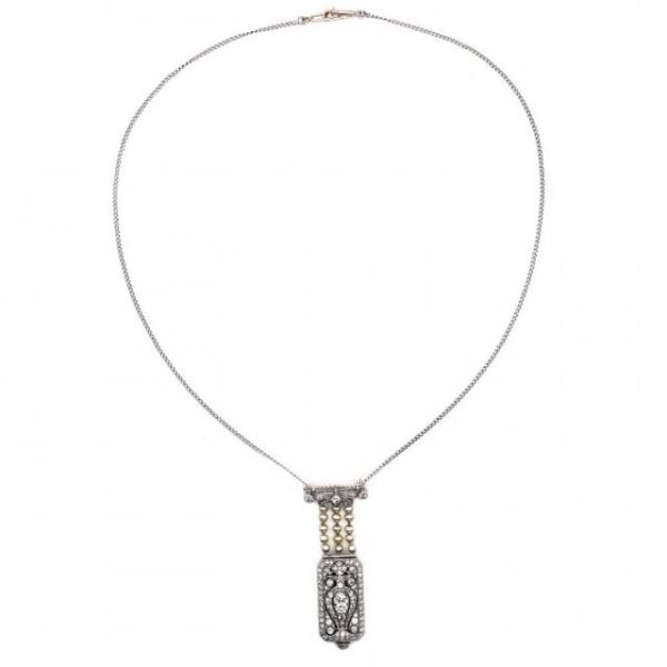 Tiffany and Co Art Deco 2.10ct Diamond Natural Pearl and Platinum Watch Pendant, Circa 1925. Movement signed C H Meylan
