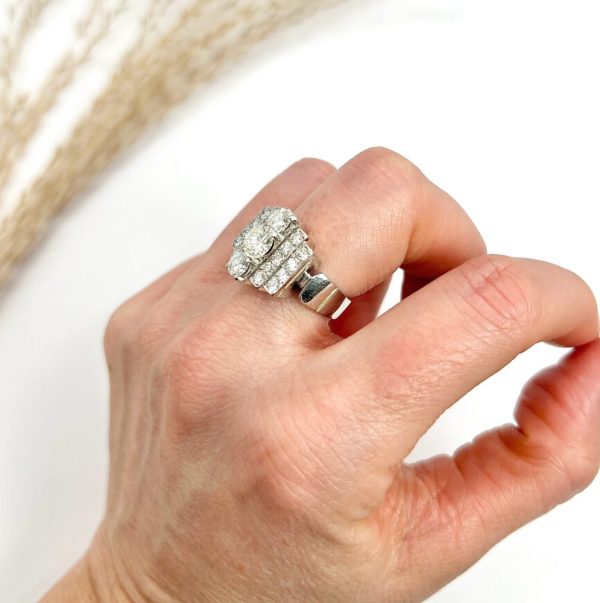 Vintage French 3.5ct Diamond Tiered Tank Cocktail Ring in 18ct White Gold and Platinum, Circa 1960s