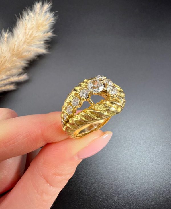 Vintage French 1950s Hammered 18ct Yellow Gold Diamond Buckle Ring, 18ct yellow gold buckle ring with unique hammered finish adorned with diamonds