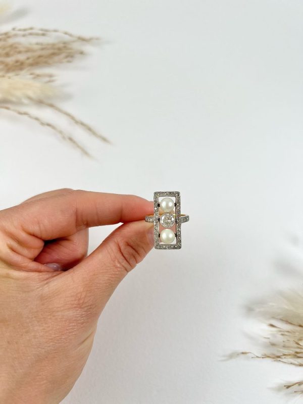 Edwardian Antique Pearl and Old Cut Diamond Three Stone Trilogy Plaque Tablet Ring