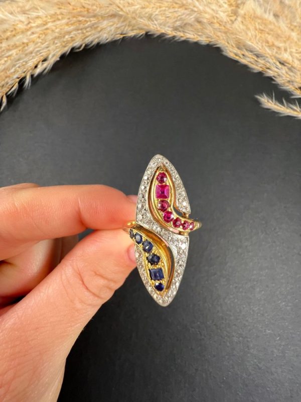 Vintage Ruby Sapphire Diamond Double Head Snake Navette Cluster Ring, marquise shaped diamond cluster ring with ruby and sapphire snake heads in 14ct gold. Circa 1950s